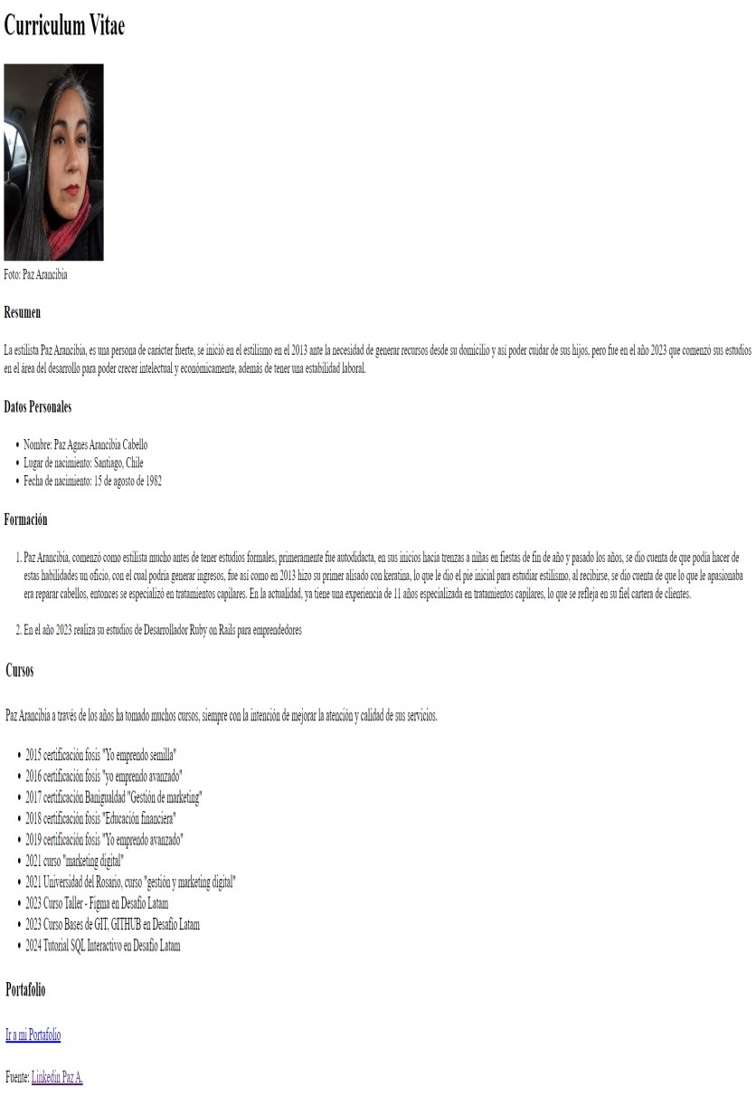 Screenshot del curriculum de Paz A